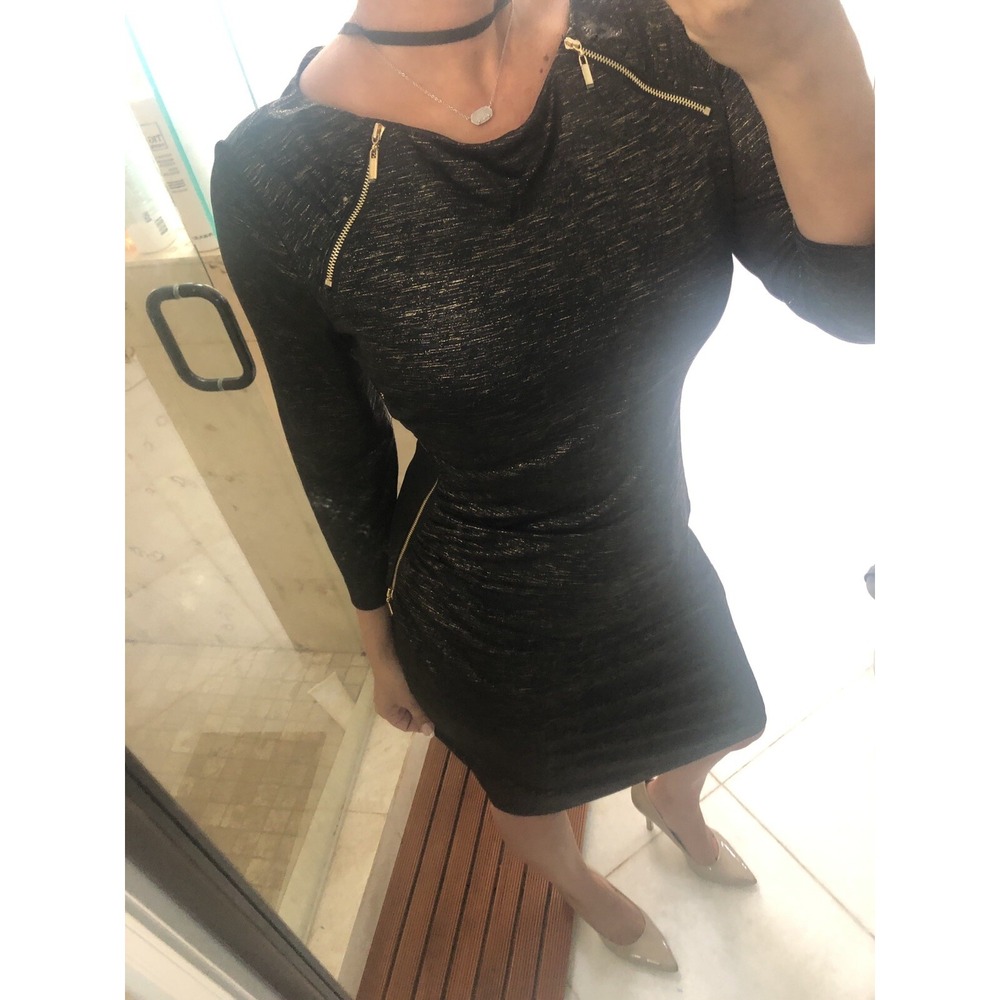 Cache Women Black Gold Metallic Sheath Dress Zipper Accent Cocktail Knee Length